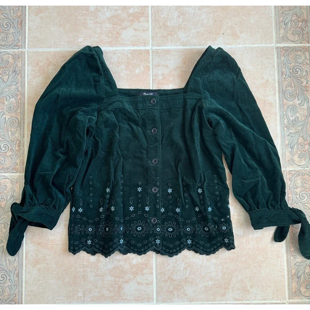 Madewell‎ Embroidered Green Corduroy Tie Sleeve Eyelet Blouse Women size XXS - Picture 2 of 9